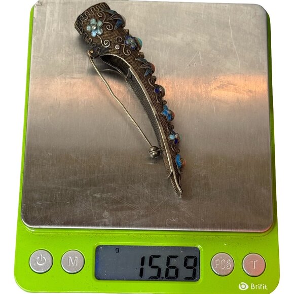 Antique Silver Filigree Gems & Guilloche Enamel Chinese Fingernail Guard Brooch - Picture 4 of 8